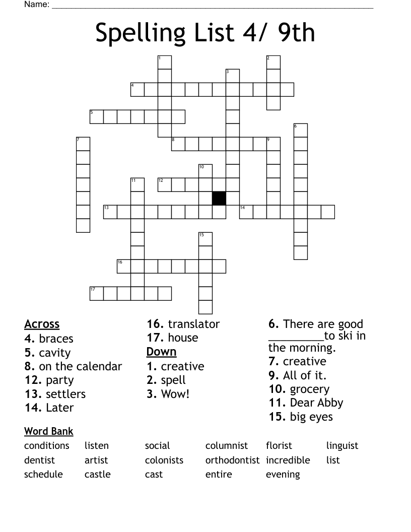 Spelling List 4/ 9th Crossword