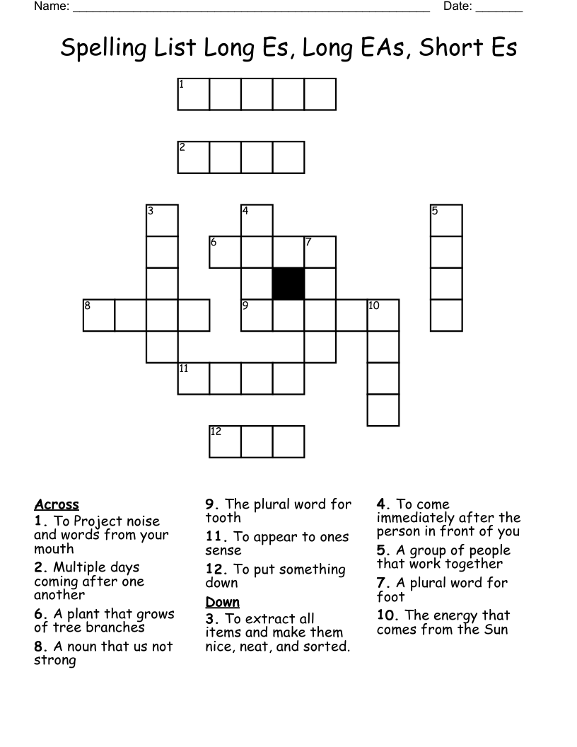 Spelling List Long Es, Long EAs, Short Es Crossword