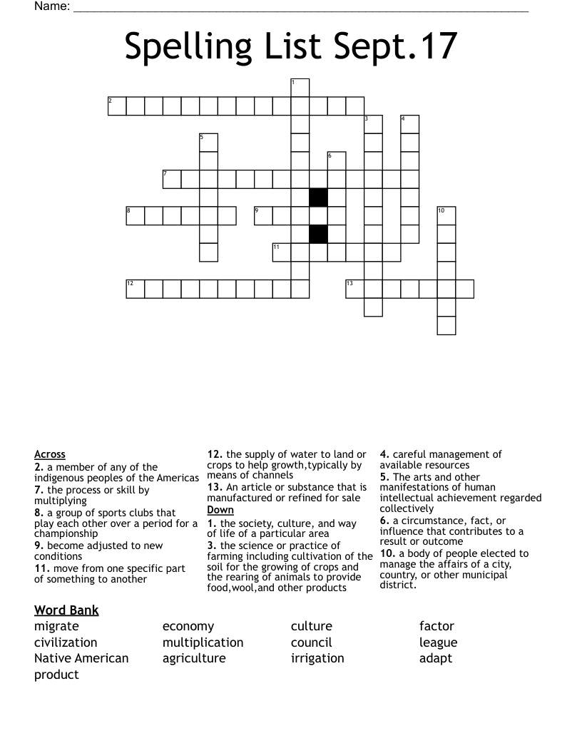 Spelling List Sept.17 Crossword