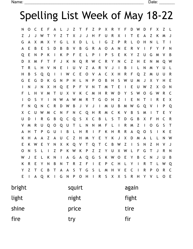 Spelling List Week of May 18-22 Word Search