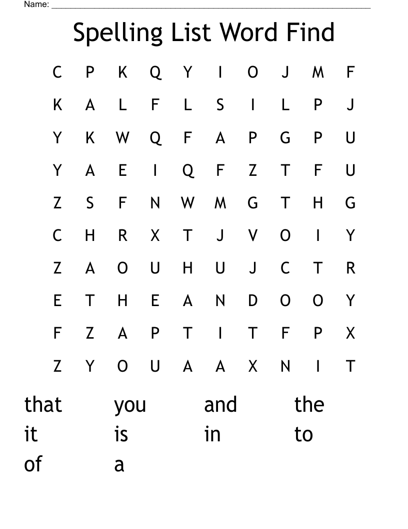 Spelling List Word Find Word Search