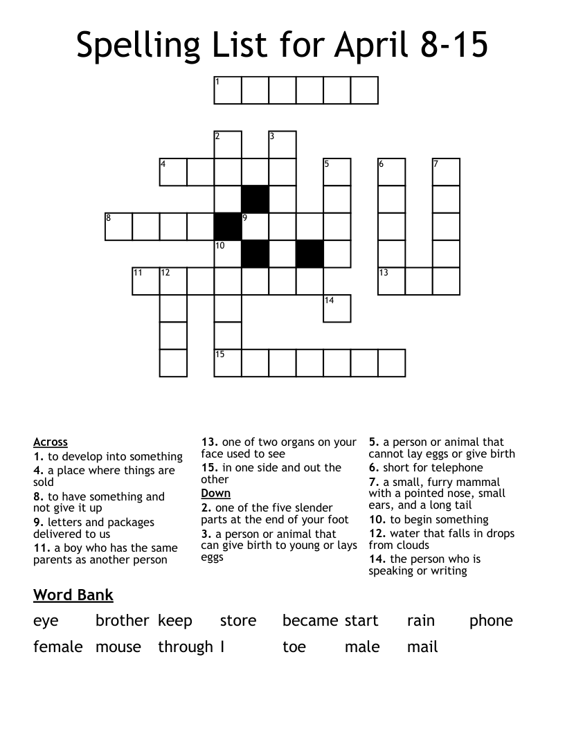 Spelling List for April 8-15 Crossword
