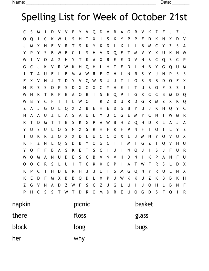 Spelling List for Week of October 21st Word Search