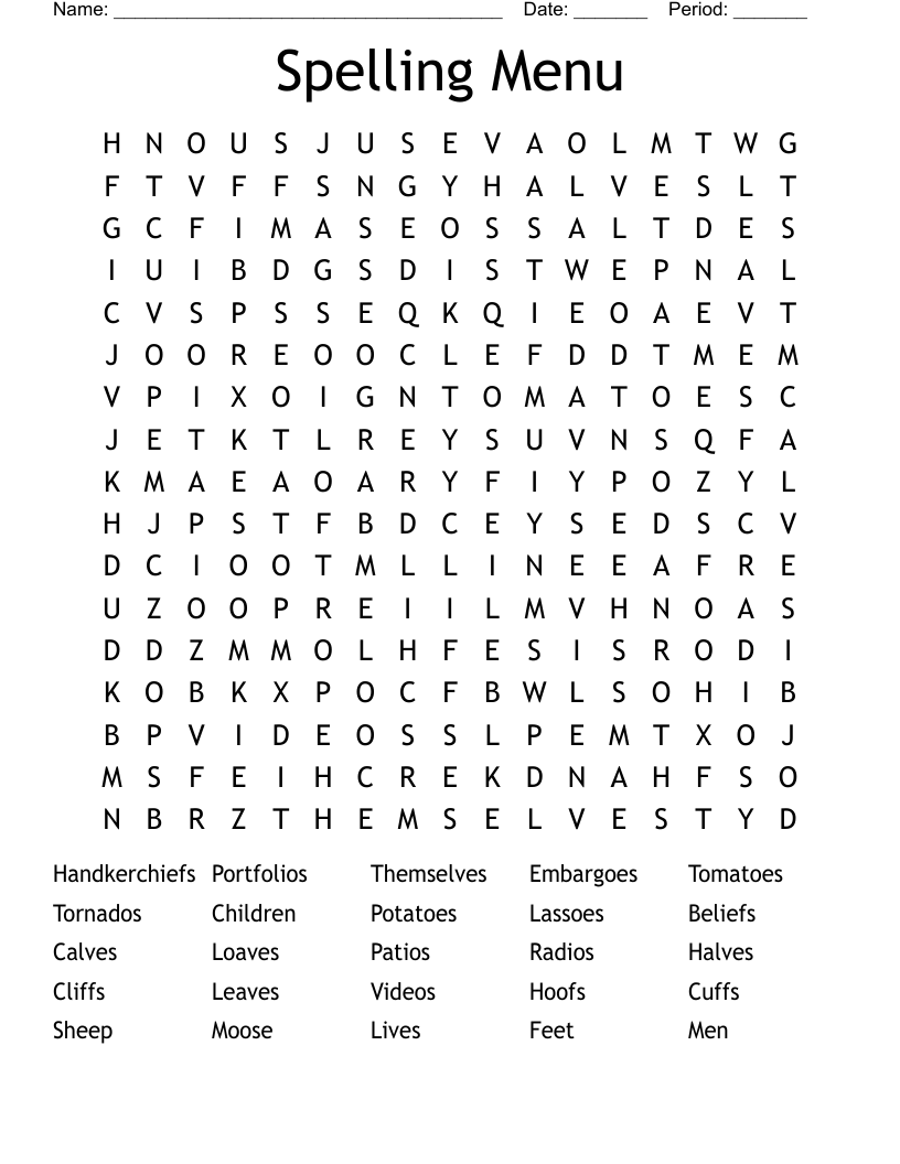 Spelling Menu Word Search WordMint