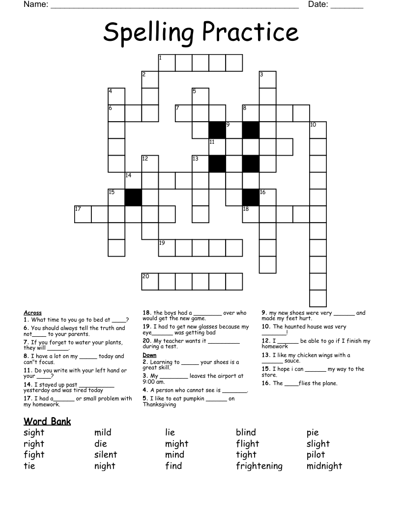 Spelling Practice Crossword