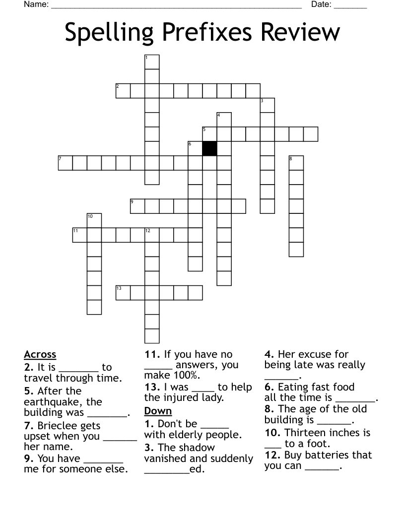 Spelling Prefixes Review Crossword