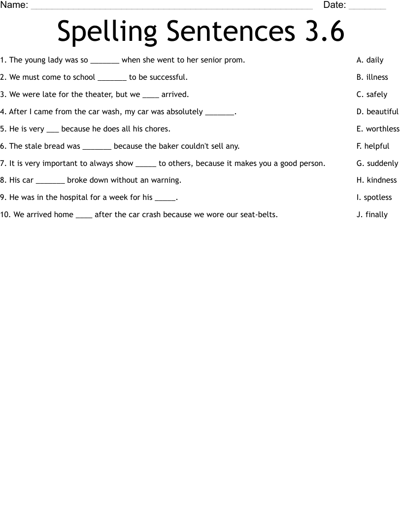 Spelling Sentences 3.6 Worksheet