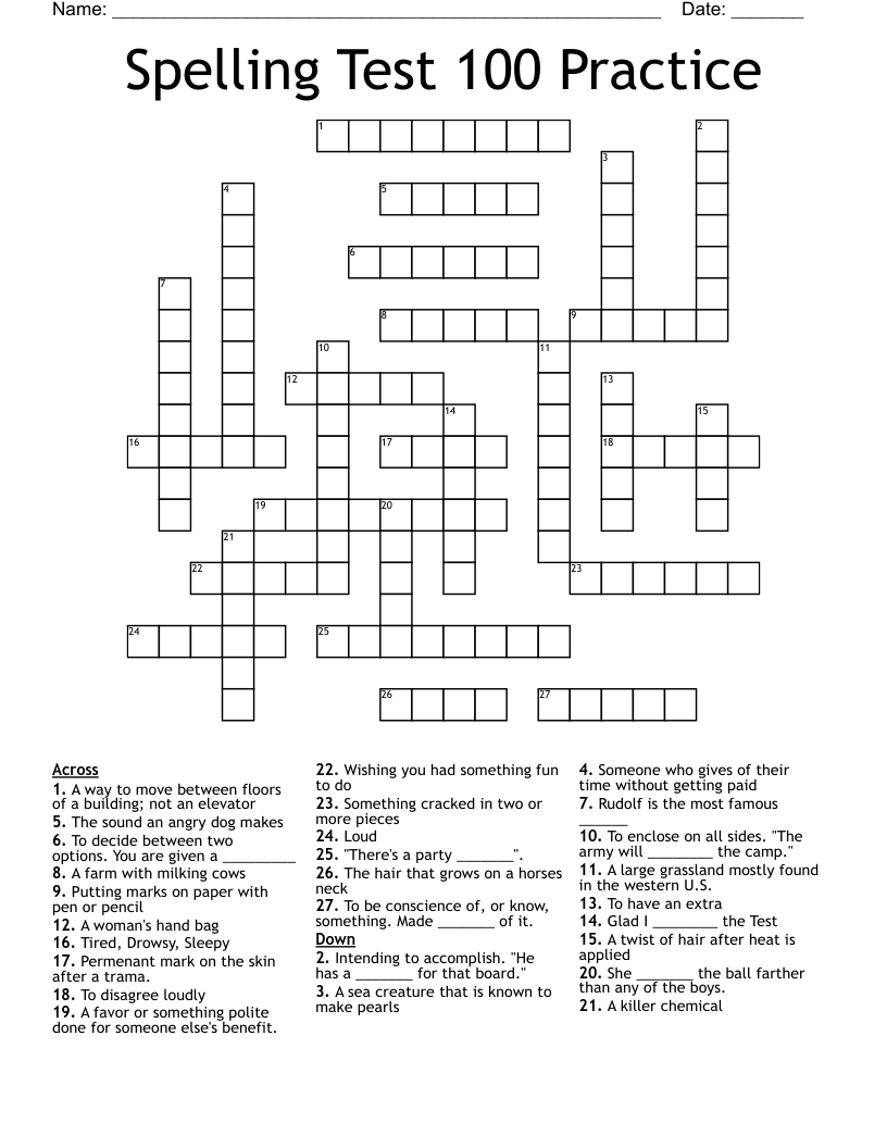 Spelling Test 100 Practice Crossword