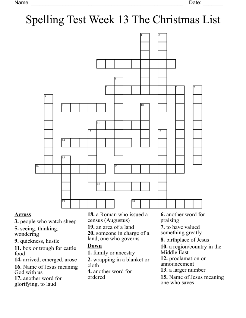 Spelling Test Week 13 The Christmas List Crossword