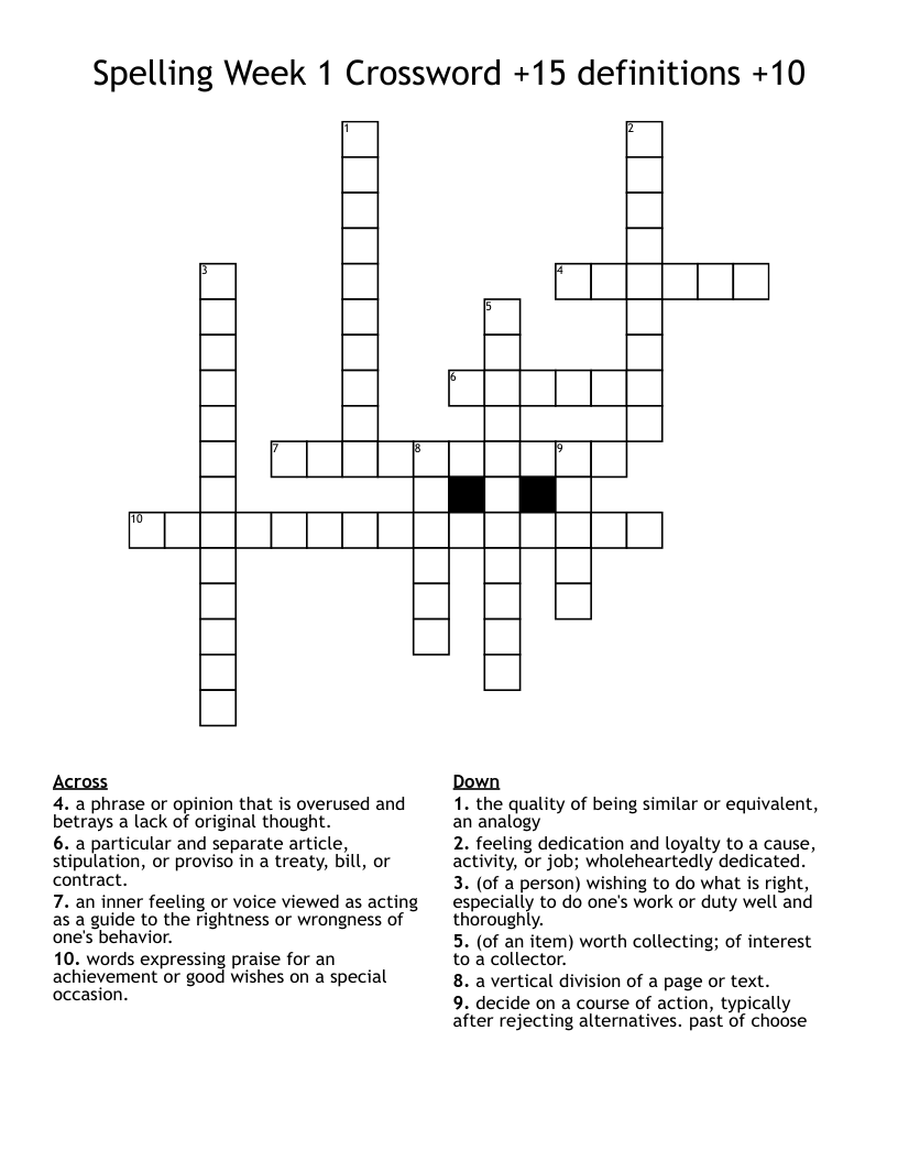 Spelling Week 1 Crossword +15 definitions +10