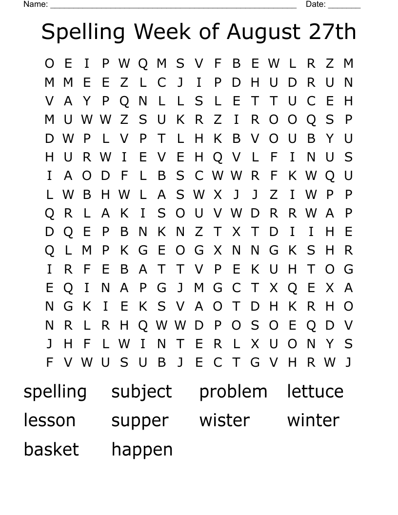 Spelling Week of August 27th Word Search