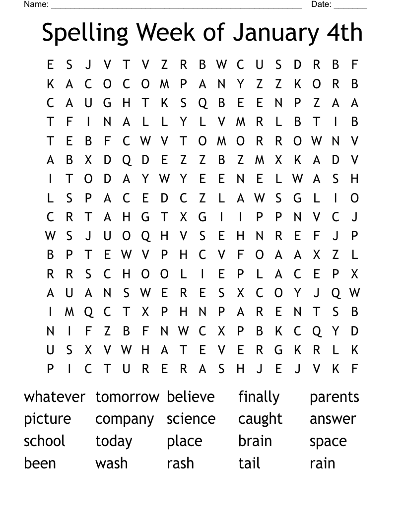 Spelling Week of January 4th Word Search - WordMint