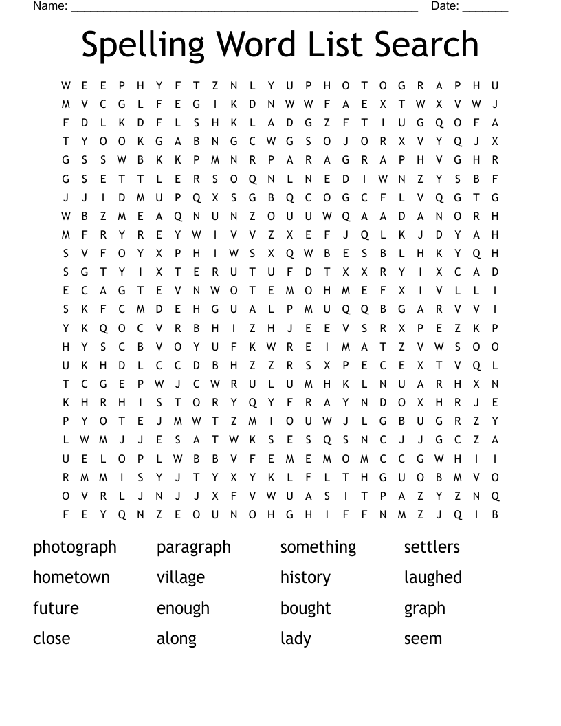 Spelling Word List Search Word Search