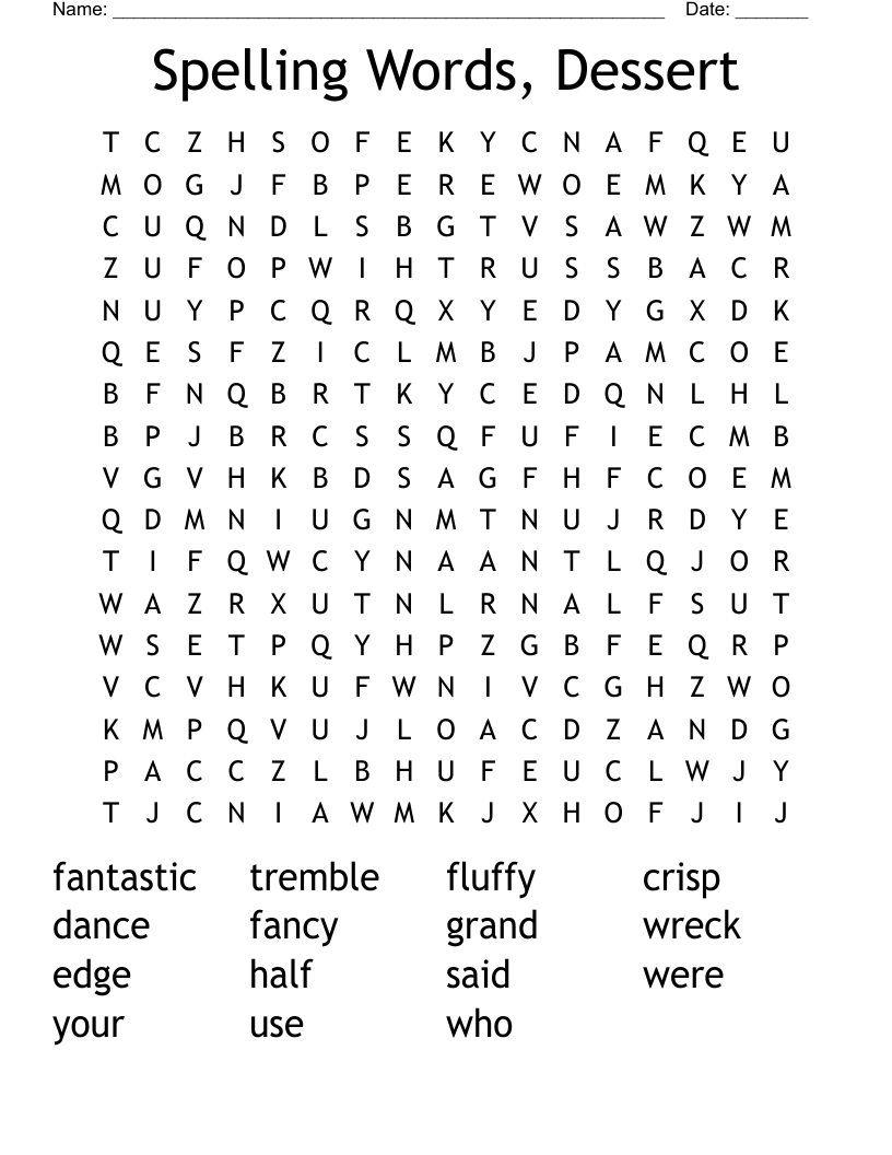 Spelling Words, Dessert Word Search