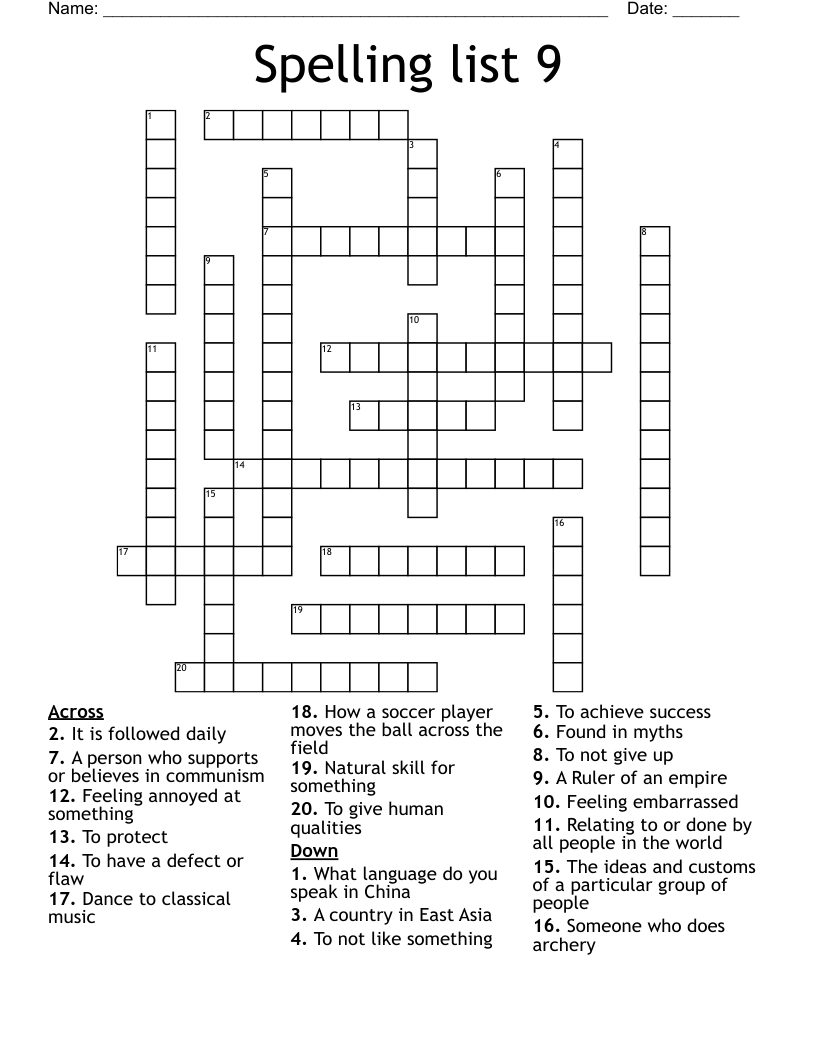 Spelling list 9 Crossword