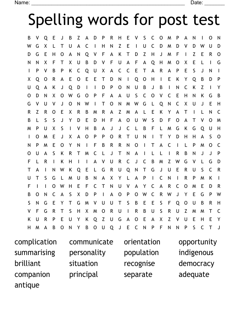 Spelling words for post test Word Search