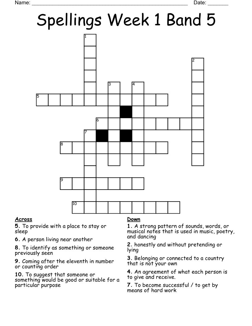 Spellings Week 1 Band 5 Crossword