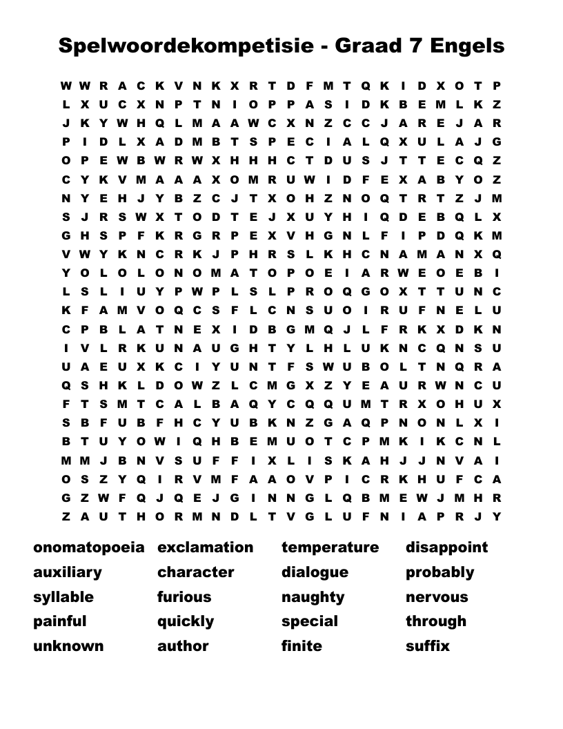 Spelwoordekompetisie - Graad 7 Engels Word Search