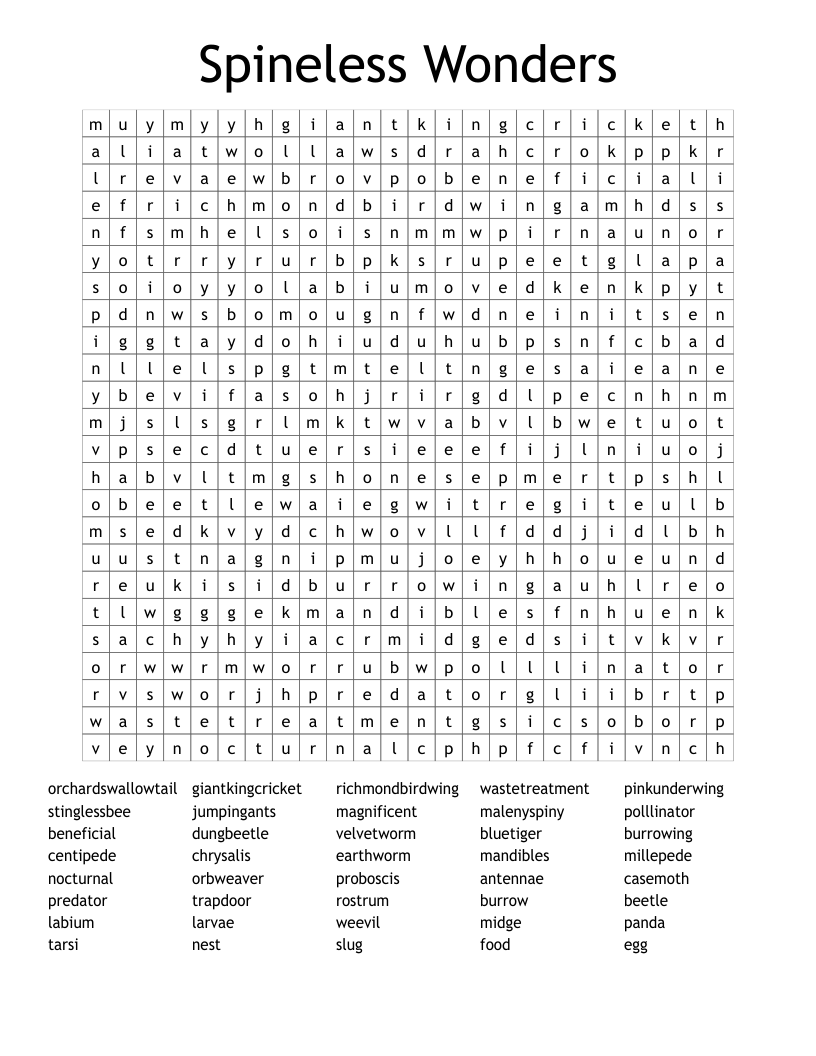 Spineless Wonders Word Search