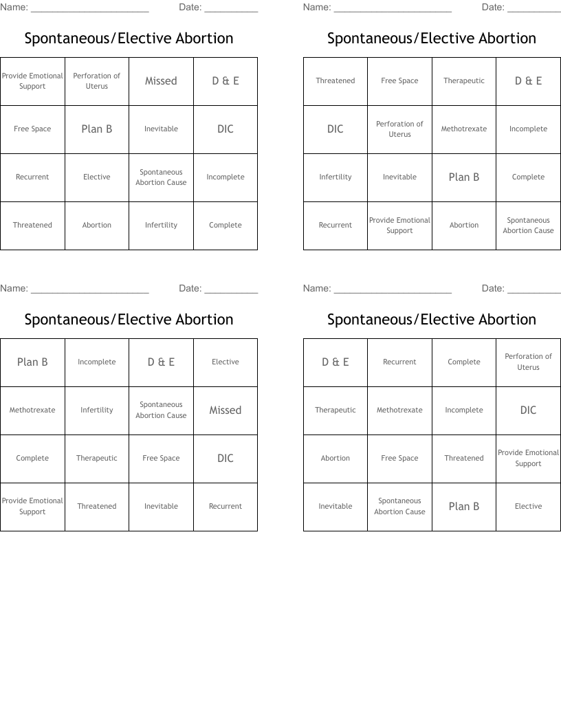 Spontaneous/Elective Abortion Bingo Cards