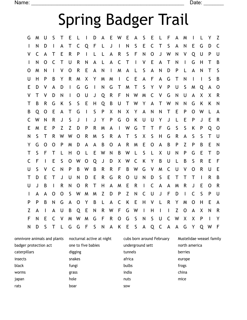 Spring Badger Trail Word Search