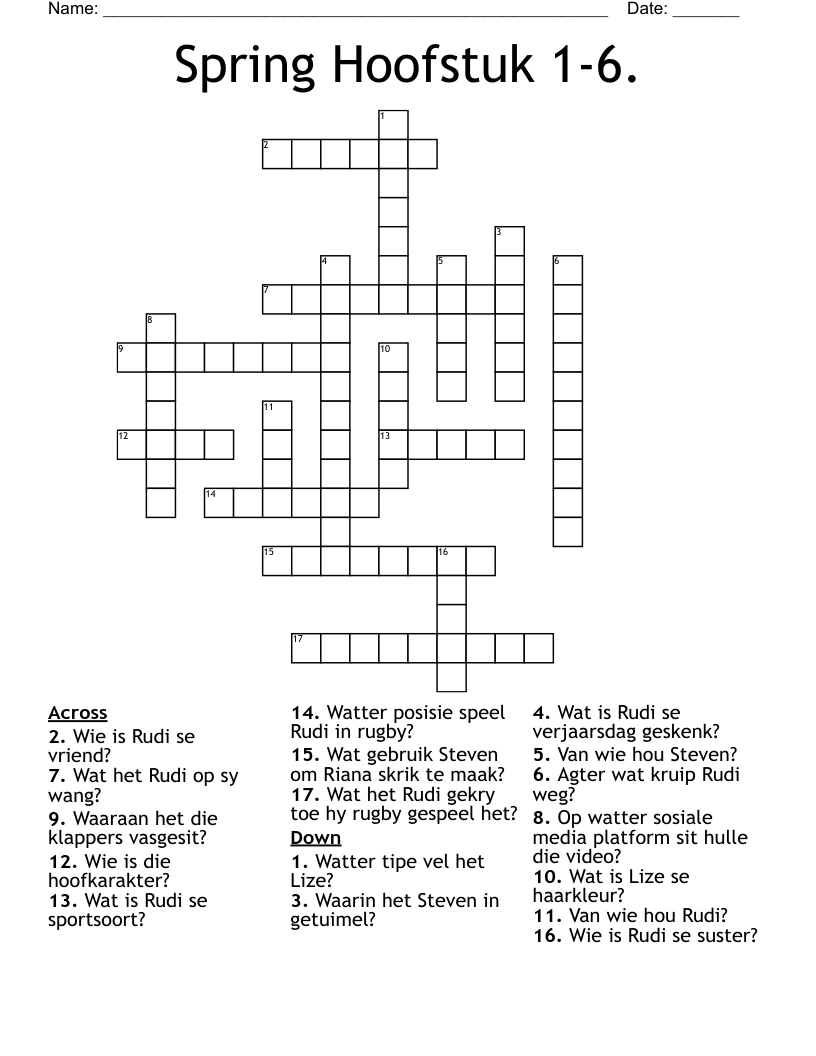 Spring Hoofstuk 1-6. Crossword