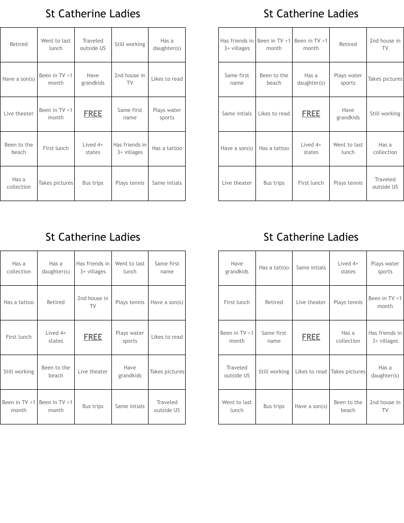 St Catherine Ladies Bingo Cards