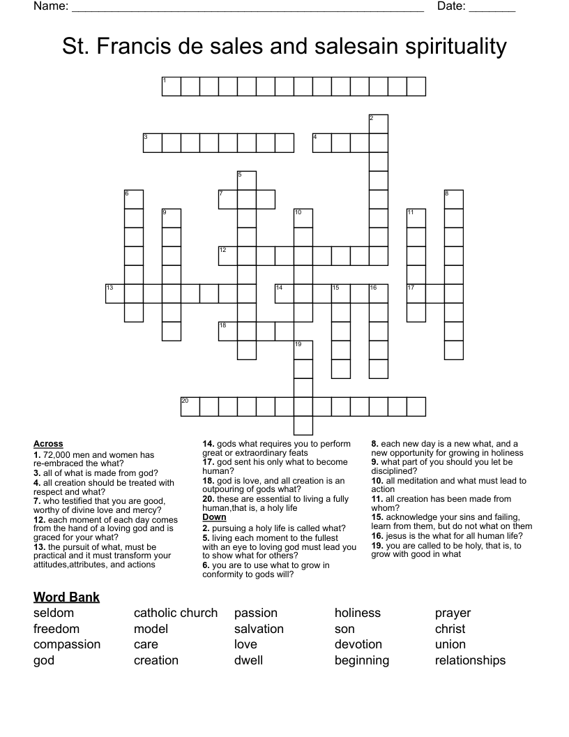 St. Francis de sales and salesain spirituality  Crossword