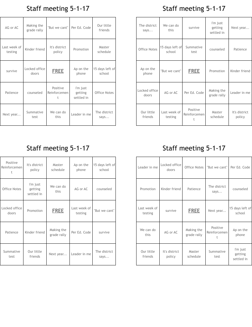 Staff meeting 5-1-17 Bingo Cards