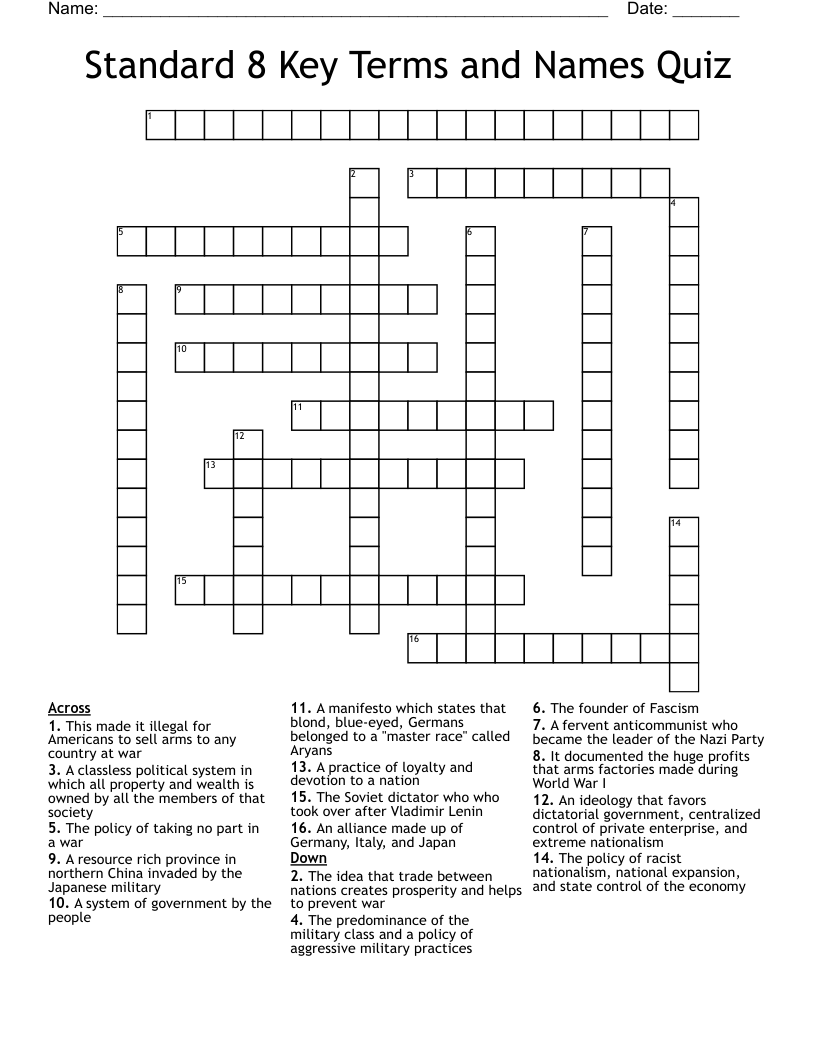 Standard 8 Key Terms and Names Quiz Crossword
