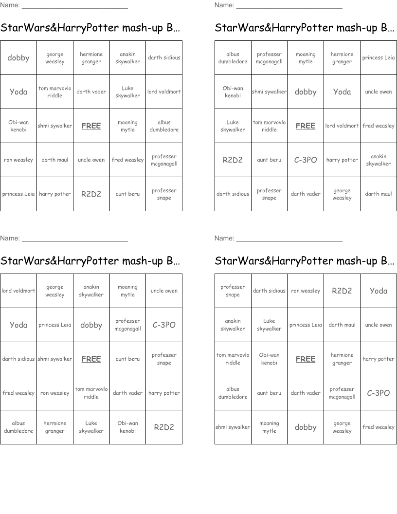 StarWars&HarryPotter mash-up Bingo