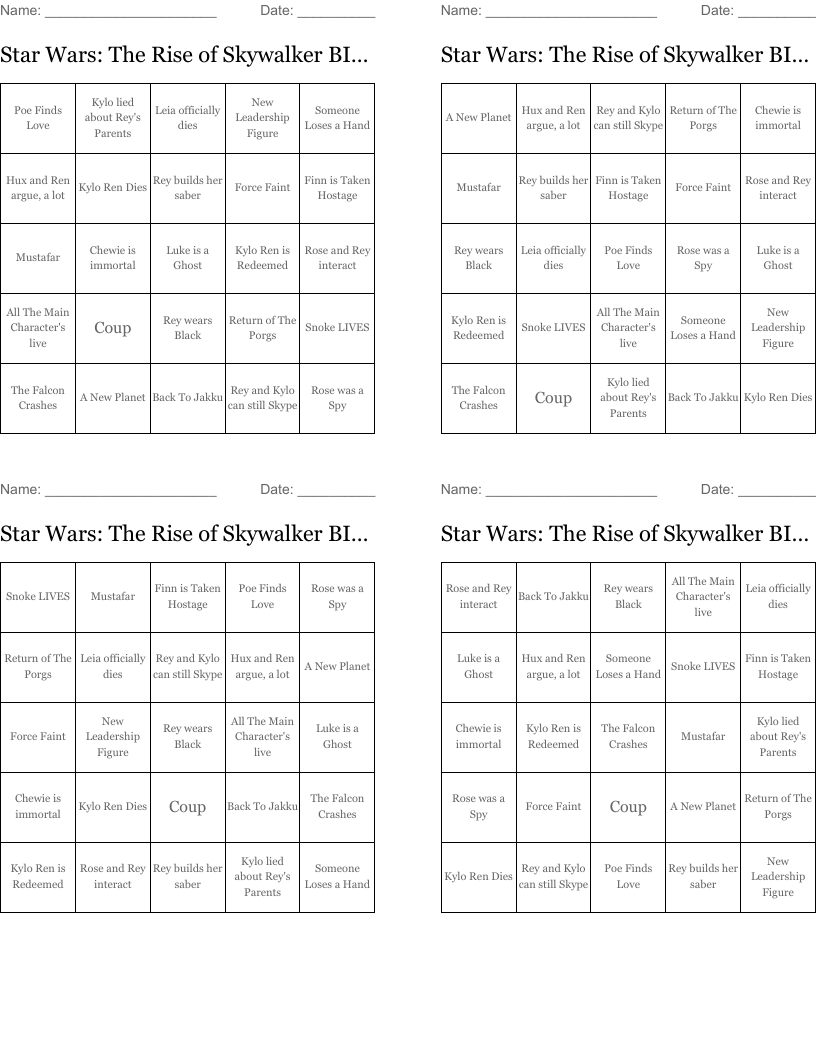 Star Wars: The Rise of Skywalker BINGO!!!