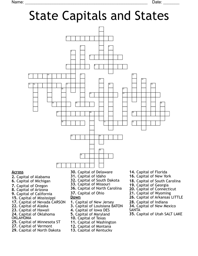 State Capitals And States Crossword WordMint