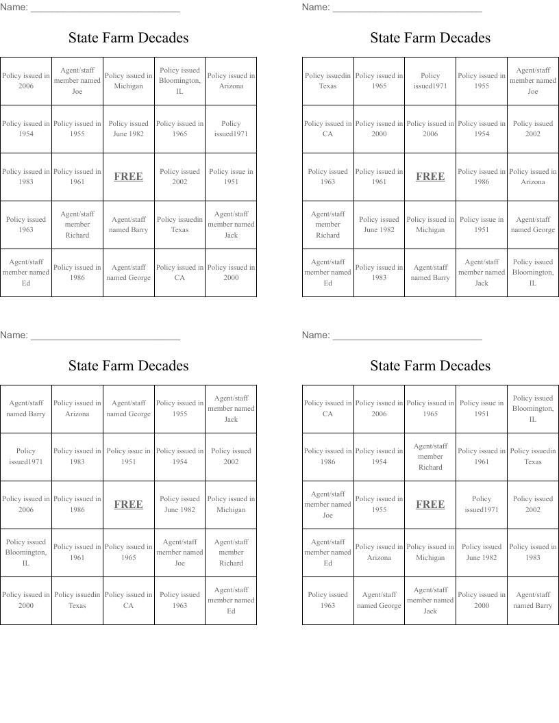 State Farm Decades Bingo Cards
