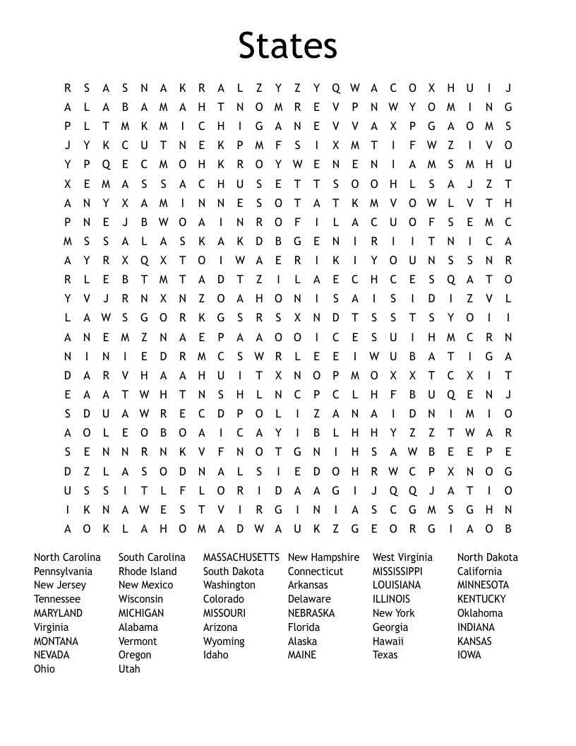 The 50 States Word Search WordMint The 50 States Word Search WordMint