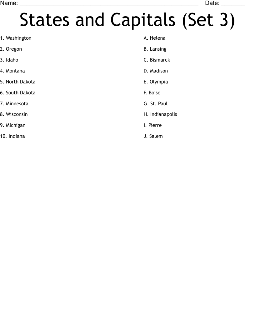 States And Capitals Set 3 Worksheet WordMint