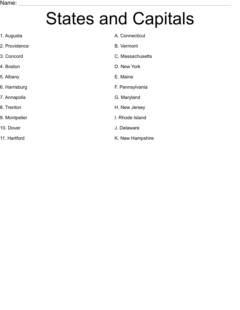 Northeast States and Capitals - Matching Worksheet - WordMint
