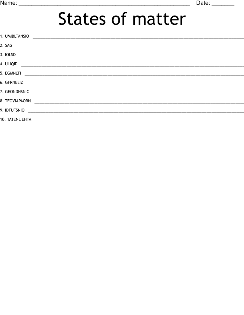 States of matter Word Scramble - WordMint