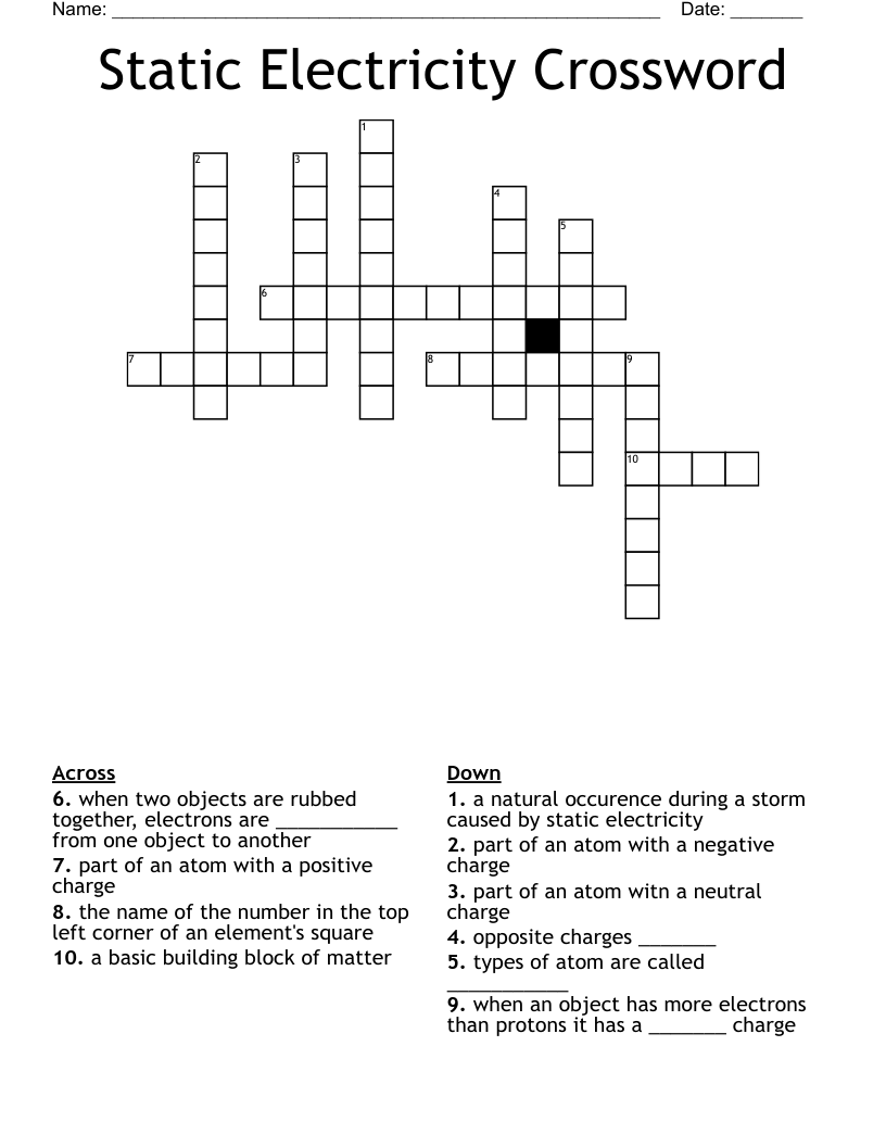 Electricity Crossword Puzzle Worksheet Activity Printable 
