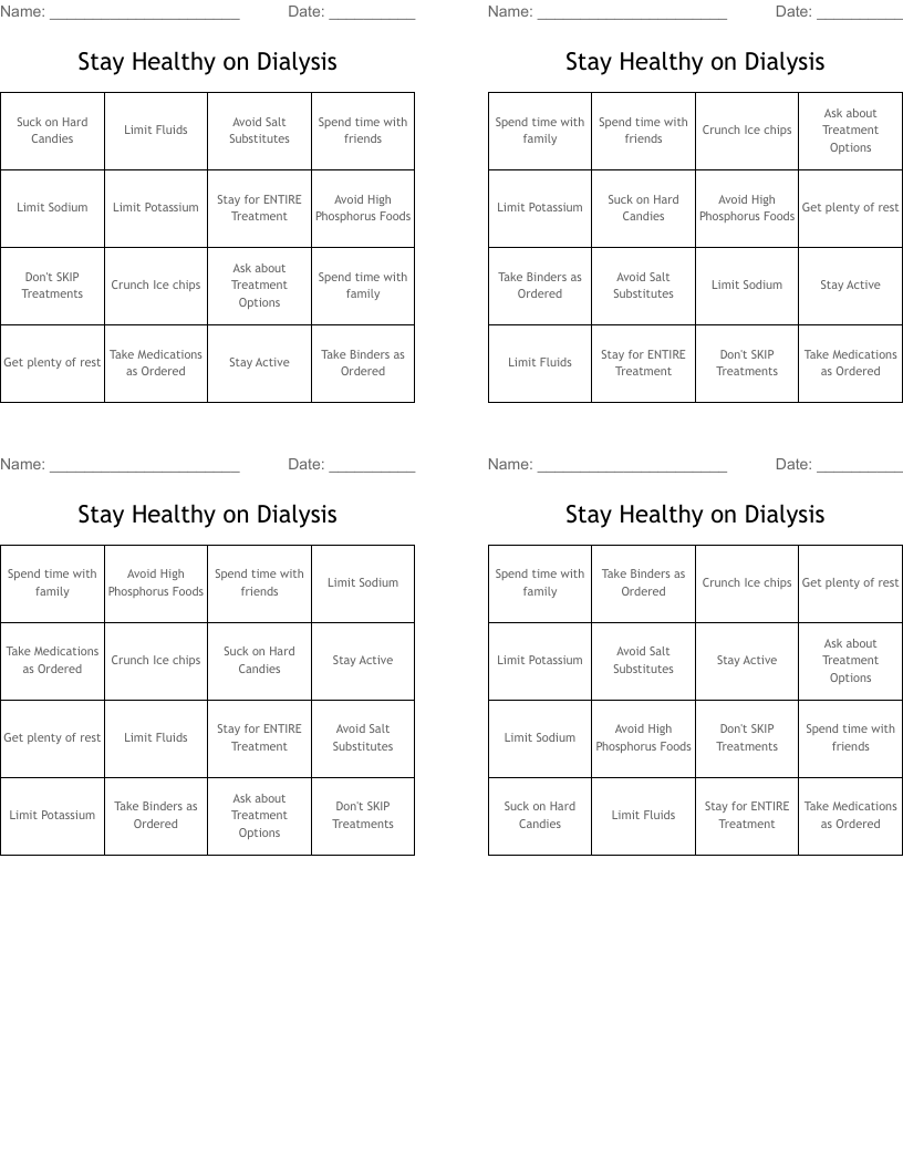 Stay Healthy on Dialysis Bingo Cards