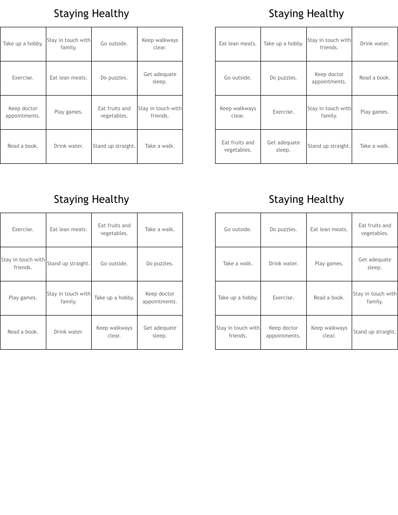 Staying Healthy Bingo Cards