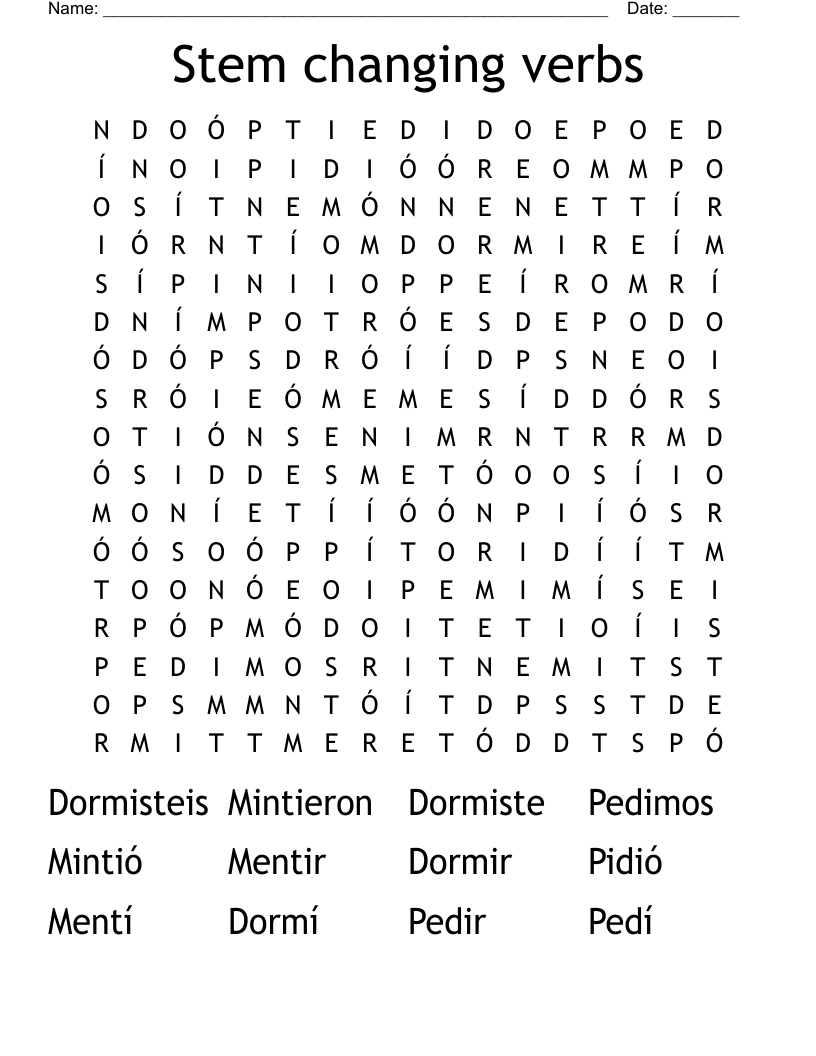 Stem Changing Verbs Word Search WordMint