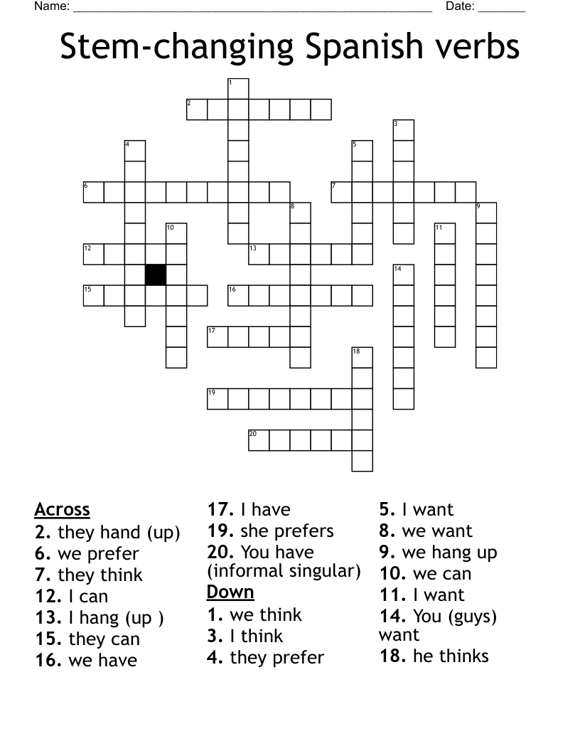 Stem changing Spanish Verbs Crossword WordMint