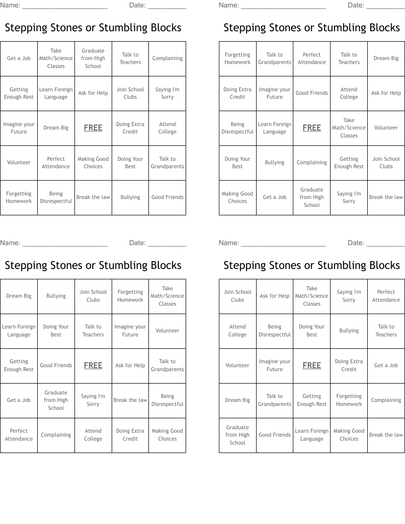 Stepping Stones or Stumbling Blocks Bingo Cards