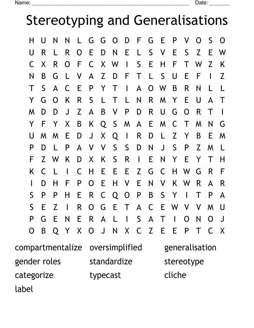 Stereotyping and Generalisations Word Search
