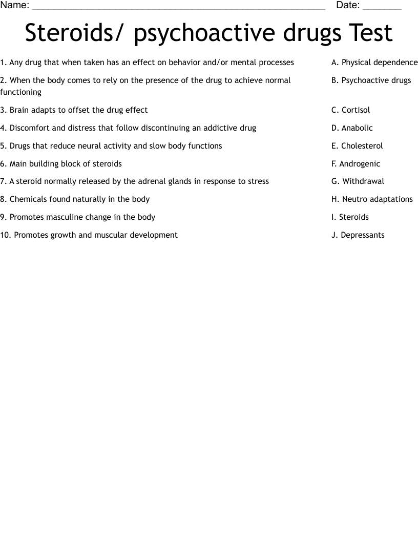 Steroids/ psychoactive drugs Test Worksheet WordMint