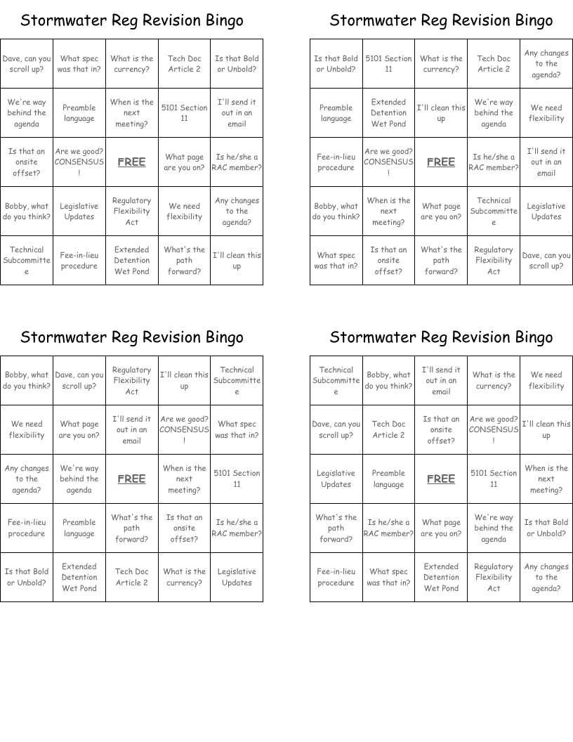 Stormwater Reg Revision Bingo