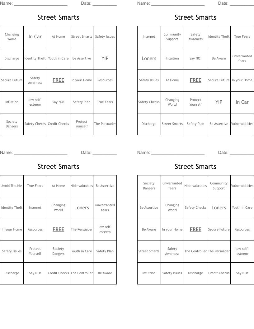 Street Smarts Bingo Cards
