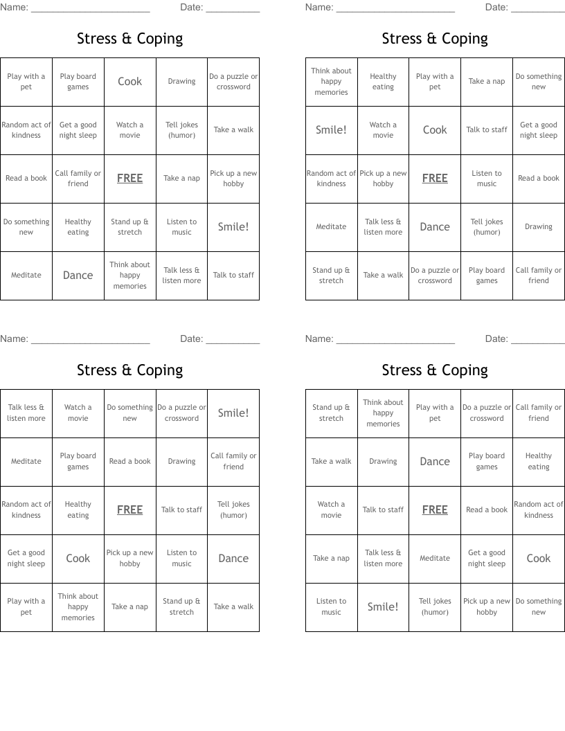 Stress & Coping Bingo Cards