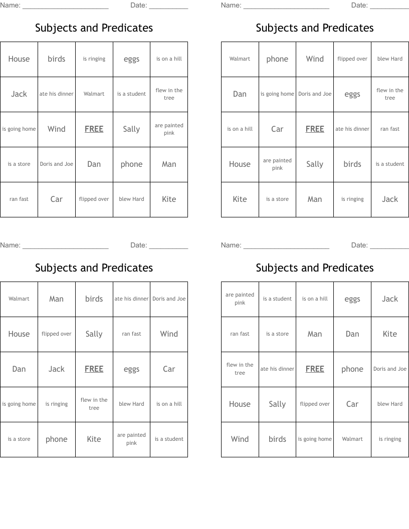 Subjects and Predicates Bingo Cards